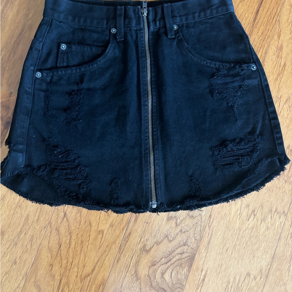Carmar Black Distressed Front Zip A-Line Mini Skirt